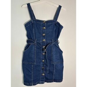 H&M Divided Denim Mini Dress Dark Wash Button Front Belted Size 8 Sleeveless